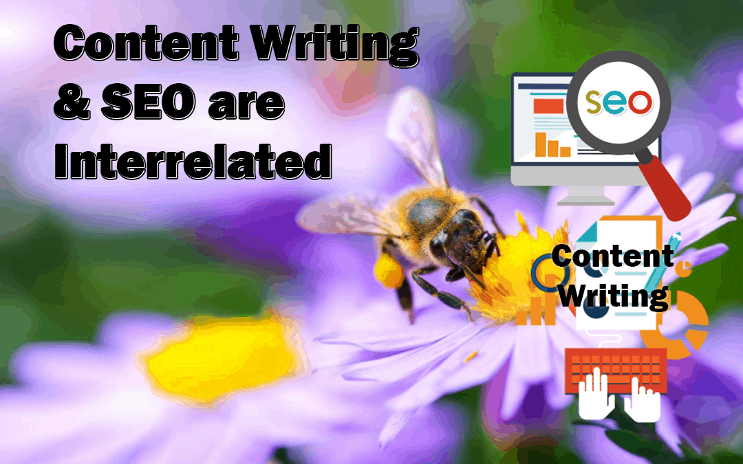 With an example of the bee and the flower, the image shows how content writing and SEO are interrelated