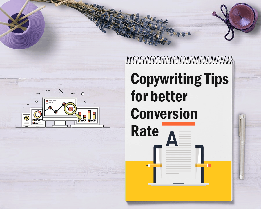 The image shows a notepad with copywriting tips for better conversion rate written on it