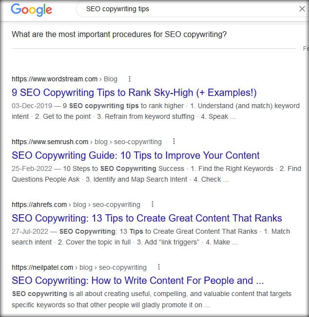 SEO copywriting tips Google screenshot