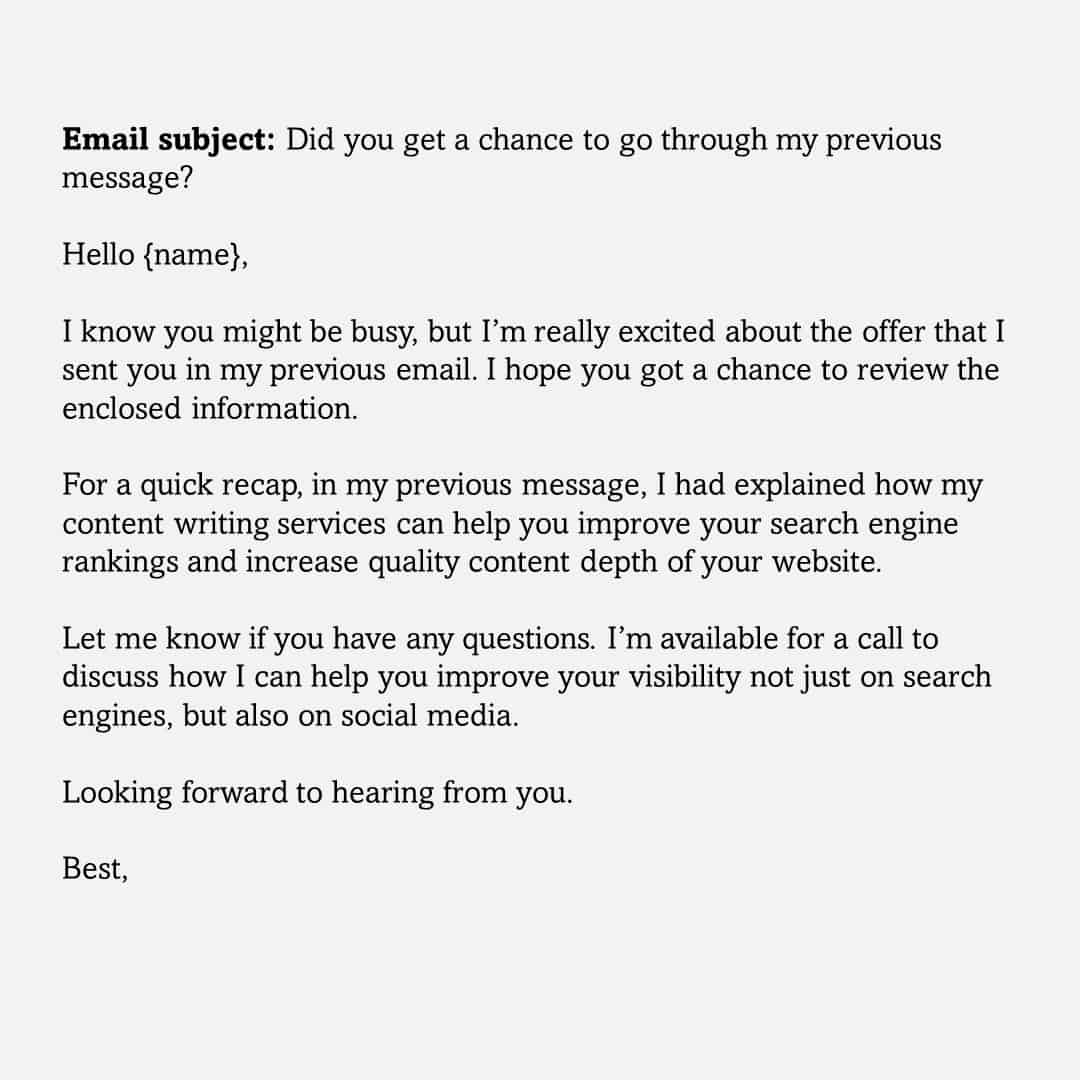Email sequence example for a follow-up email