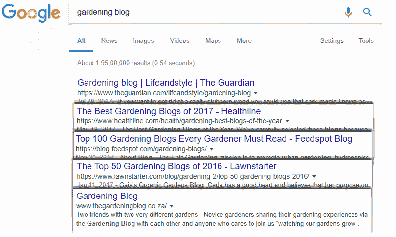 Gardening blogs example on Google
